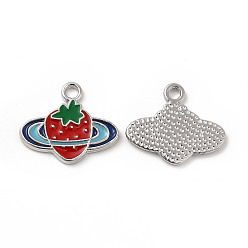 Sky Blue Alloy Enamel Pendants, Strawberry Charms, Platinum, Sky Blue, 14.5x17x1.5mm, Hole: 1.8mm