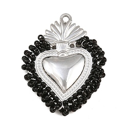 Black 304 Stainless Steel Pendants, with Glass Seed Beads, Sacred Heart Charms, Stainless Steel Color, Black, 38x29x5.5mm, Hole: 2mm