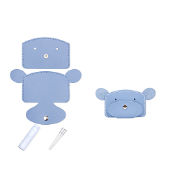 Light Sky Blue DIY Bear-shaped Wallet Making Kit, Including Cowhide Leather Bag Accessories, Iron Needles & Waxed Cord, Light Sky Blue, 8x12cm