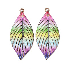 Hoja Colgantes de hierro estampados con colores del arcoíris, cobre rojo, colorido, encanto de la hoja, 49.5x22x2 mm, agujero: 1.8 mm
