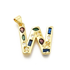 Letter W Латунные микропаве прозрачные подвески с фианитом, с целью перехода в кольце, без свинца и без кадмия, долговечный, стойки покрытие, письмо амулеты, реальный 18 k позолоченный, Буква W, 19~21x9.5~20x2.7 мм, Перейти кольцо: 5x1 мм, 3 mm внутреннего диаметра.