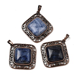 Содалитовое Подвески в виде ромбов из натурального содалита, с винтажной латунной рамкой красного медного оттенка, 39x36.5x7~8 мм, отверстие : 8.5x5 мм