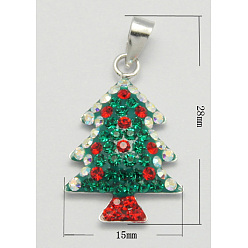 Зеленый Подвески серебро, с эмалью и стразами, рождественская елка, зелёные, Размер : длиной около 28 мм , шириной 15 мм , толщиной 3.5 мм , отверстие : 3.5 мм
