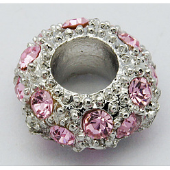 Rose Alloy Rhinestone European Beads, Large Hole Beads, Rondelle, Platinum Metal Color, Rose, 11x6mm, Hole: 5mm