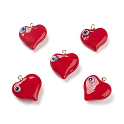 Red Handmade Evil Eye Lampwork Pendants, with Light Gold Tone Brass Findings, Long-Lasting Plated, Lead Free & Cadmium Free, Heart Charm, Red, 19x17.5~18.5x8.5~9mm, Hole: 1.4mm
