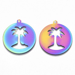 Rainbow Color Ion Plating(IP) 201 Stainless Steel Pendants, Etched Metal Embellishments, Flat Round with Coconut Tree, Rainbow Color, 33x30x0.3mm, Hole: 2mm