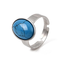 Synthetic Turquoise Adjustable 304 Stainless Steel Finger Rings for Women, with Synthetic Turquoise, Oval, Stainless Steel Color, 17mm
