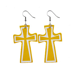 Gold Imitation Leather Cross Dangle Earrings for Easter, Gold, 10mm