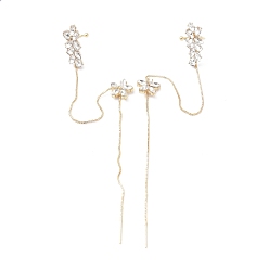 Golden Flower Ear Cuff Wrap Climber Earrings, Crawler Earrings Dangling Chain, with Silver Pins, Golden, 175mm, Pin: 0.6mm
