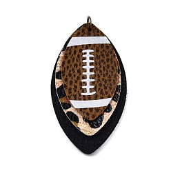 Camel Rugby Ball Pattern Imitation Leather Pendant, with Iron Jump Ring, Triple Layer Leaf, Camel, 65~65.5x34~35x3~4.5mm, Hole: 5mm