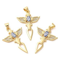 Medium Blue Cross with Wing Brass Micro Pave Clear Cubic Zirconia Pendants, with Shell & Enamel, Long-Lasting Plated, Lead Free & Cadmium Free, Real 18K Gold Plated, Medium Blue, 33x23x3mm, Hole: 5x4mm