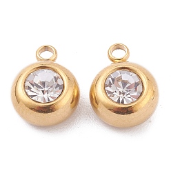 Crystal 201 Stainless Steel Rhinestone Charms, Birthstone Charms, Flat Round, Golden, Crystal, 12x9x5mm, Hole: 1.8mm