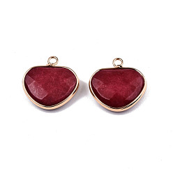 Dark Red Natural White Jade Pendants, with Light Gold Plated Tone Brass Edge, Dyed & Heated, Faceted Heart Charm, Dark Red, 22x22x6mm, Hole: 2mm