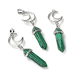 Malachite Synthetic Malachite Double Terminated Pointed Big Pendants, with Platinum Tone Brass Findings, Cadmium Free & Lead Free, Moon with Bullet, Faceted, 70~75mm, Hole: 4.6x8mm