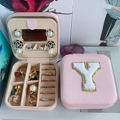 Letter Y Letter Imitation Leather Jewelry Organizer Case with Mirror Inside, for Necklaces, Rings, Earrings and Pendants, Square, Pink, Letter Y, 10x10x5.5cm