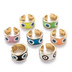 Mixed Color Brass Enamel Cuff Rings, Open Rings, Long-Lasting Plated, Evil Eye, Golden, Mixed Color, US Size 8(18.1mm)