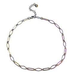 Rainbow Color 304 Stainless Steel Rhombus & Oval Link Chain Necklace, Rainbow Color, 16~16-1/8 inch(40.6~41cm)