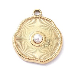 Golden Ion Plating(IP) 304 Stainless Steel Pendants, with White Plastic Imitation Pearl Beads, Flat Round, Golden, 22.5x19.5x4.5mm, Hole: 2.4mm