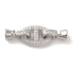 Platinum Brass Micro Pave Clear Cubic Zirconia Fold Over Clasps, Oval, Platinum, Oval: 14.5x9x2mm, Inner Diameter: 3x3.4mm; Clasp: 12x5x6.5mm, Inner Diameter: 1.5x3mm