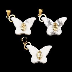 Howlite Natural Howlite Pendants, Butterfly Charms with Brass Micro Pave Cubic Zirconia Findings, Golden, 17.5~19x23~25x6.5~7mm, Hole: 3.5x4mm