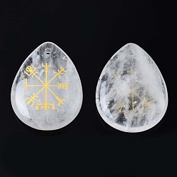 Quartz Crystal Natural Quartz Crystal Pendants, Rock Crystal Pendants, Teardrop with Nordic Pagan Pattern, 32~33.5x25~26x6.5~7.5mm, Hole: 2mm, 6pcs/bag