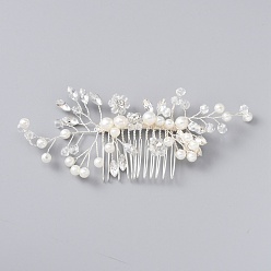 Silver Fashionable Wedding Alloy Rhinestone Hair Combs, with Plastic Imitation Pearl, Bridal Tiaras, Silver, 62x135x16mm