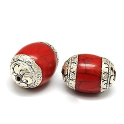 Dark Red Handmade Tibetan Style Beads, Thailand 925 Sterling Silver with Turquoise or Beeswax, Barrel, Antique Silver, Dark Red, 32.5x22.5mm, Hole: 2mm
