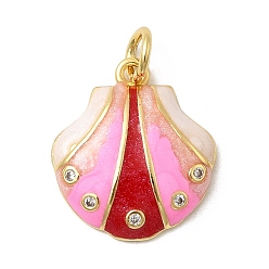 Pink Подвески из латуни микропаве с фианитами и эмалью, формы раковины, долговечный, стойки покрытие, без свинца и без кадмия, с целью перехода в кольце, золотые, розовые, 20x17.5x4.5 мм