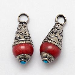 Dark Red Brass Drop Pendants, with Resin Imitation Gemstone and Antique Silver, Dark Red, 26~28x11mm, Hole: 4mm
