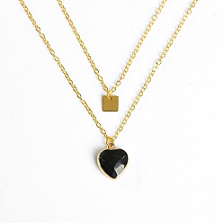 Obsidian Golden Alloy Double Layer Necklace, Natural Obsidian Heart & Alloy Square Tag Pendants Necklace, Pendant: 15mm