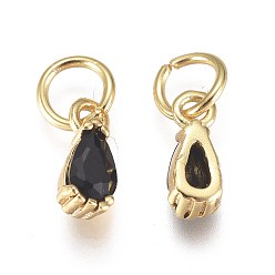 Black Brass Micro Pave Cubic Zirconia Charms, with Jump Ring, Long-Lasting Plated, Real 18K Gold Plated, Faceted, Teardrop, Black, 8x3x3mm, Hole: 3mm