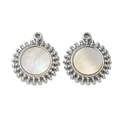 Нержавеющая Сталь Цвет 304 подвески из натуральной ракушки пауа из нержавеющей стали/белой ракушки, плоско-круглые, цвет нержавеющей стали, 19.5x17x2.5 мм, отверстие : 1.5 мм