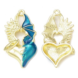 Dark Cyan Rack Plating Alloy Enamel Pendants, Heart with Wing Charm, Golden, Dark Cyan, 40x20x4mm, Hole: 1.8mm