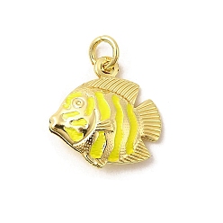 Желтый Латунь эмаль подвески, рыбы прелести, без свинца и без кадмия, долговечный, стойки покрытие, реальный 18 k позолоченный, желтые, 18x17.5x5.5 мм, отверстие : 3.5 мм