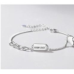 Platinum Rhodium Plated 925 Sterling Silver Word Love Link Bracelet with Heart Charms for Lovers, Platinum, 6-1/8 inch(15.5cm)