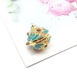 Pale Turquoise Brass Enamel Hollow Bead Cage Pendants, Round with Lotus Flower Charm, for Chime Ball Pendant Necklaces Making, Pale Turquoise, 18x15mm