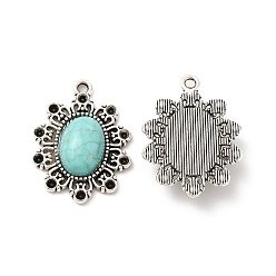 Antique Silver Retro Alloy Pendant Rhinestone Settings, with Synthetic Turquoise, Oval Flower, Antique Silver, Fit for 2mm Rhinestone, 29x22x6mm, Hole: 1.8mm