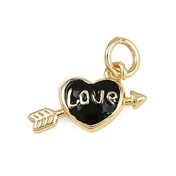 Черный Латунь эмаль прелести, сердце со стрелой и словом любовный талисман, без кадмия и без свинца, реальный 18 k позолоченный, с целью перехода в кольце, чёрные, 8.5x13x2.5 мм, отверстие : 3 мм