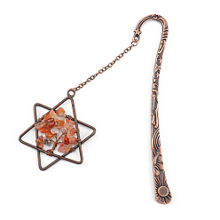 Carnelian Natural Carnelian Chip Beaded Tree of Life in Star of David Pendant Bookmark, Red Copper Plated Alloy Hook Bookmark, 120mm