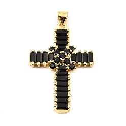 Black Rack Plating Real 18K Gold Plated Brass Pendants, with Cubic Zirconia, Long-Lasting Plated, Lead Free & Cadmium Free, Cross, Black, 35x23.5x5mm, Hole: 5X3.5mm