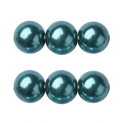 Teal Eco-Friendly Glass Pearl Beads Strands, Grade A, Round, Dyed, Cotton Cord Threaded, Teal, 8mm, Hole: 1.2~1.5mm, about 52pcs/strand, 15.7 inch