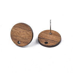 Coconut Brown Walnut Wood Stud Earring Findings, with 304 Stainless Steel Pin, Flat Round, Coconut Brown, 15mm, Hole: 1.8mm, Pin: 0.7mm