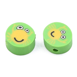 Lime Handmade Polymer Clay Beads, Flat Round with Crab Pattern, Lime, 9x4.5mm, Hole: 1.6mm