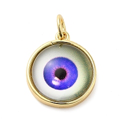 Mauve Real 18K Gold Plated Brass Pendants, with Acrylic and Jump Ring, Flat Round with Evil Eye Charms, Mauve, 16x14x5.5mm, Hole: 3.4mm