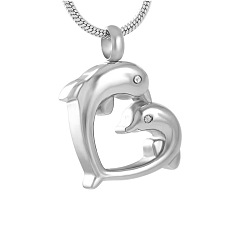 Нержавеющая Сталь Цвет Двойная подвеска в виде дельфина из нержавеющей стали, урна для хранения пепла, мини-подвеска в виде гроба с погребальной шкатулкой, ожерелья в виде змеиной цепи, цвет нержавеющей стали, 0.94x0.79 дюйм (2.4x2 см)