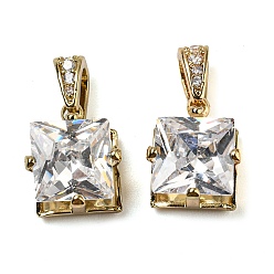 Golden Brass Micro Pave Clear Cubic Zirconia Pendants, Square Charms with Clear Glass, Long-Lasting Plated, Golden, 11.5x9x7mm, Hole: 2.5x4mm