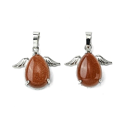 Камень с Пылевым Золотом Синтетические голдстоуновские подвески, Подвески-капли со стойкой, латунные крылья с платиновым покрытием, крылья из латуни, без кадмия и без свинца, без кадмия и без свинца, 22~22.5x24.5x8~9 мм, отверстие : 7x5 мм