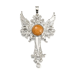 Red Aventurine Natural Red Aventurine Big Pendants, Cross with Wing Charms, with Platinum Plated Brass Findings, 52.5x32x7~7.5mm, Hole: 4x8mm & 2mm