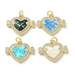 Mixed Color Brass Micro Pave Clear Cubic Zirconia Pendants, with Synthetic Opal, Real 18K Gold Plated, Heart with Wings Charms, Mixed Color, 15x19x3mm, Hole: 3.5mm