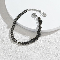 Obsidian Natural Obsidian Chips Beaded Bracelet, with Black Stainless Steel Curb Chains, 6-1/4 inch(16cm)